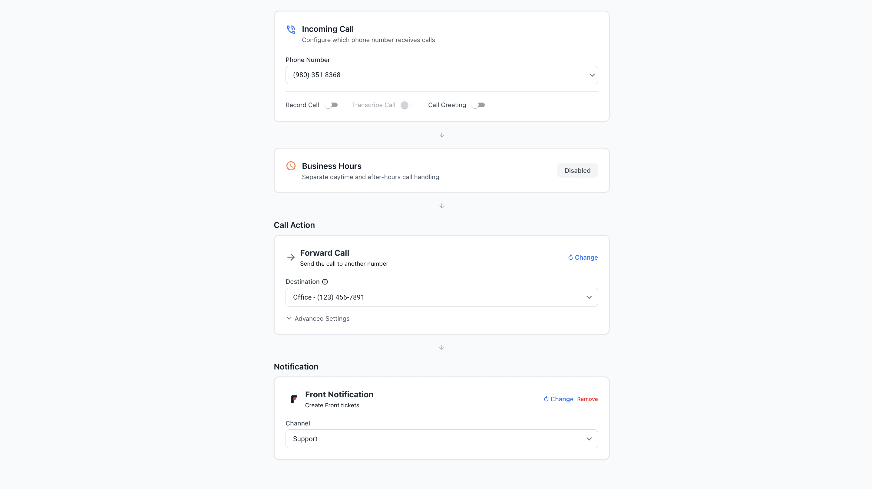 Twilanswer no-code route setup: incoming call, business hours, forward call, and Front notification