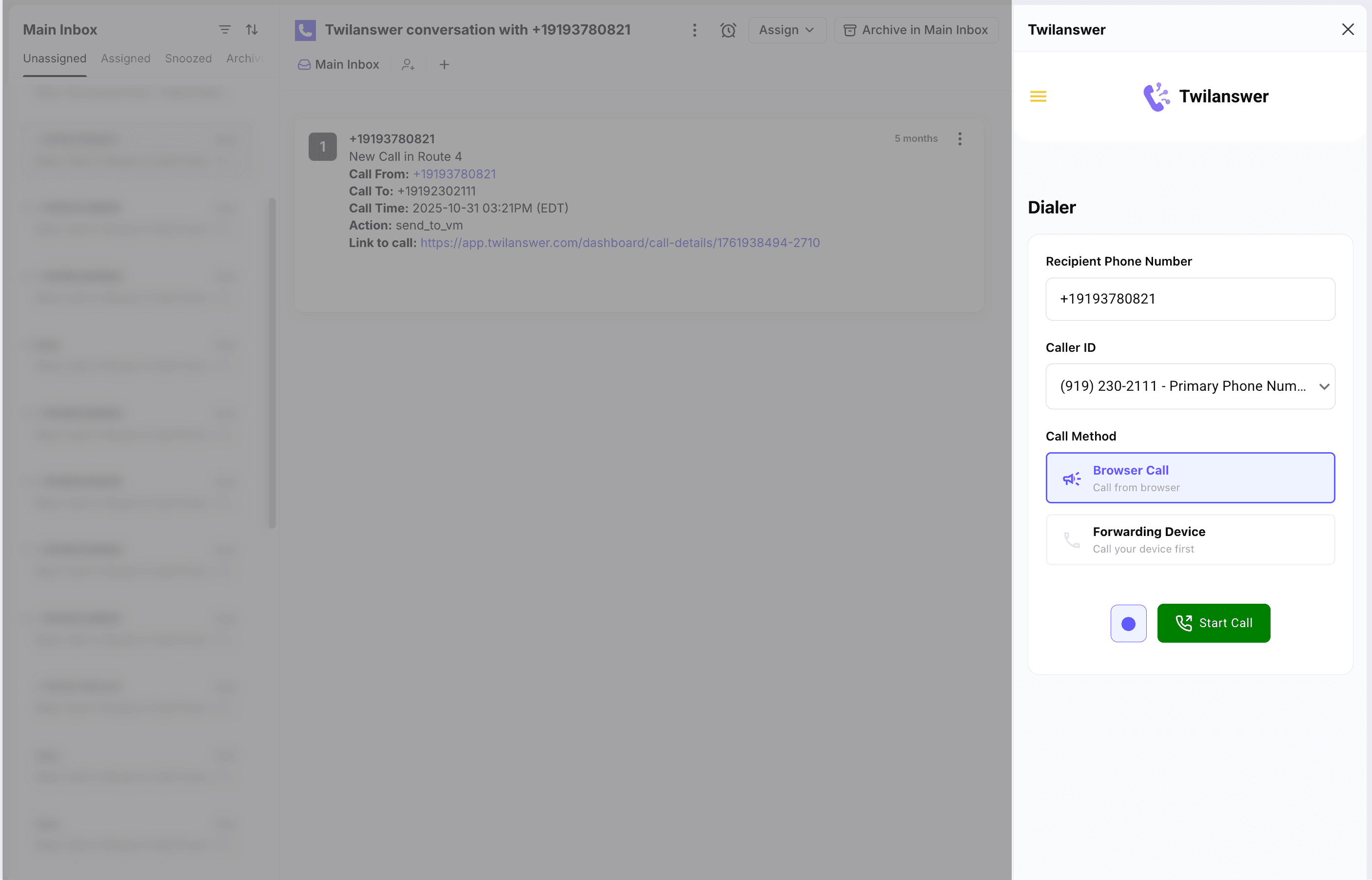 Twilanswer outbound dialer in Front: recipient number, caller ID, browser call, and Start Call