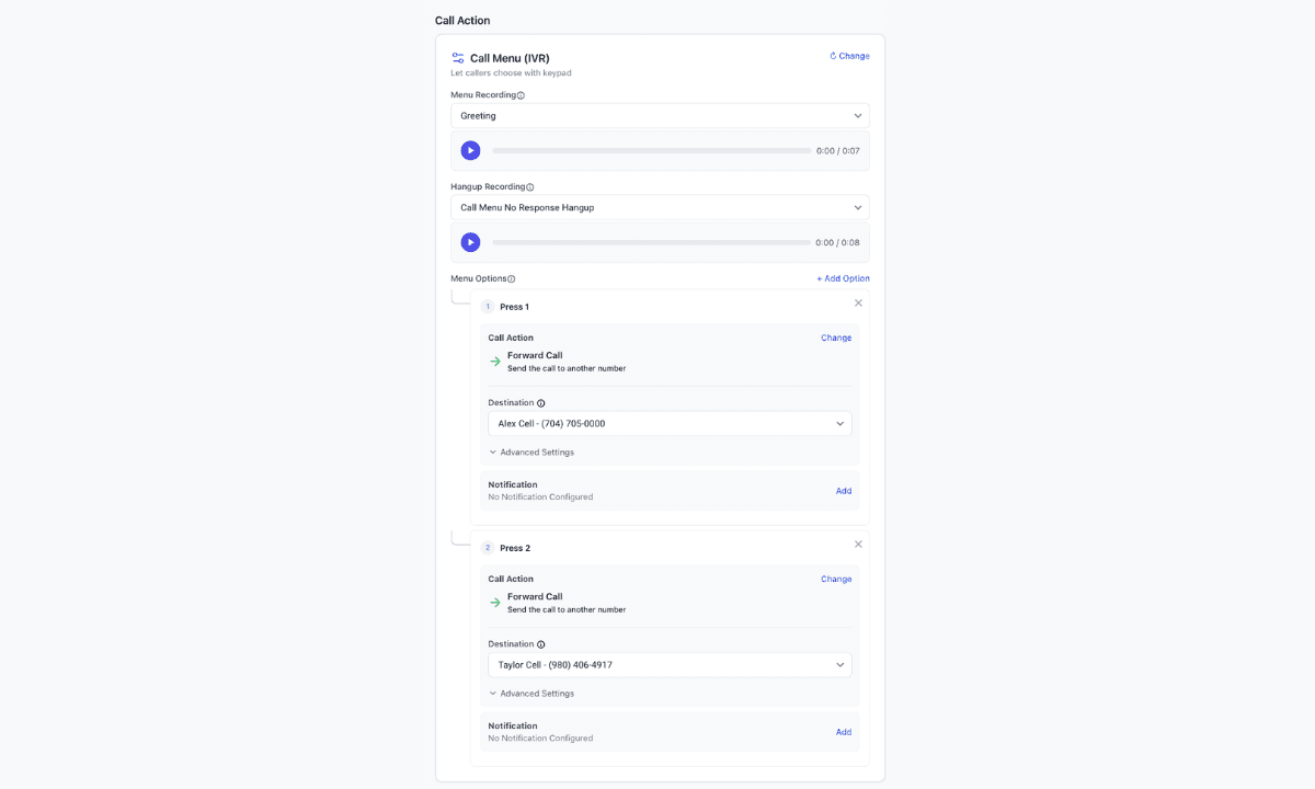 Twilanswer route editor with call menu IVR options configured