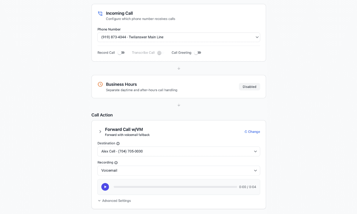 Twilanswer route editor with Forward with voicemail fallback selected