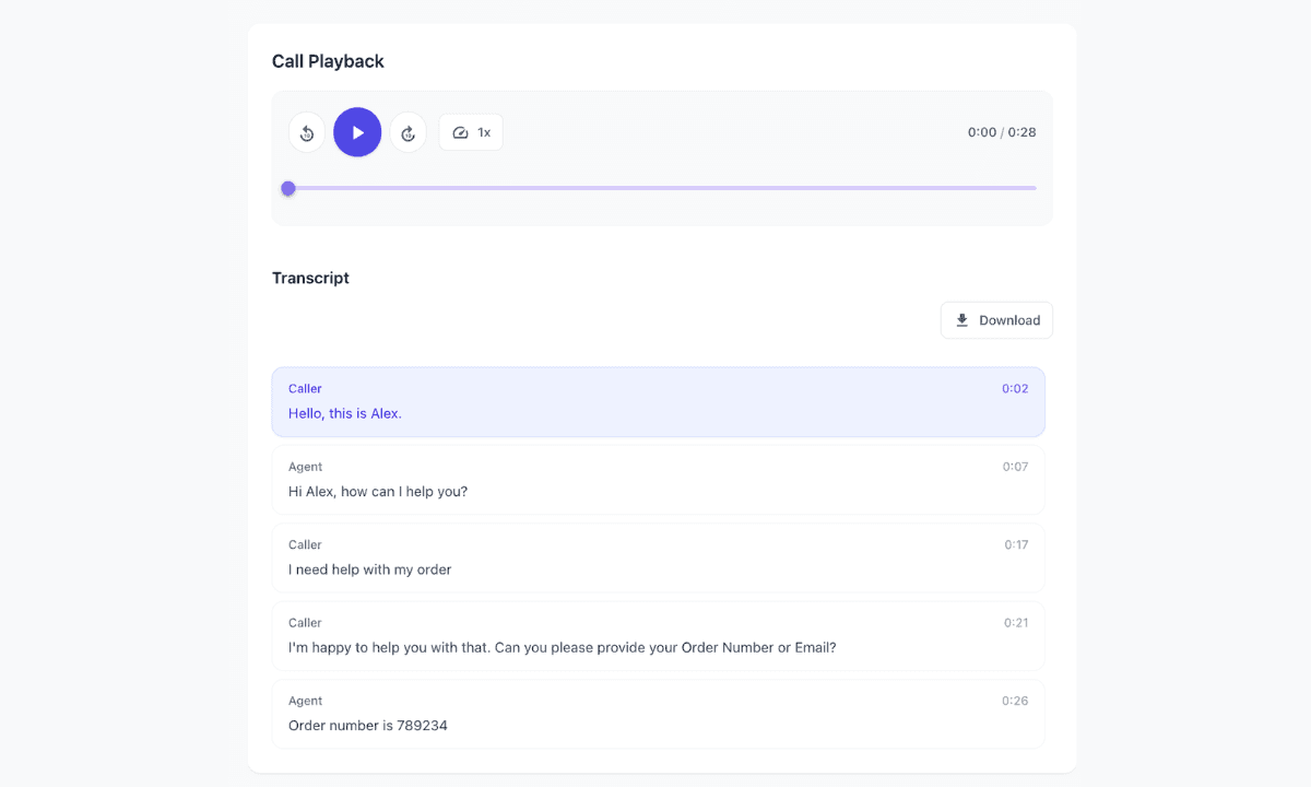 Twilanswer call playback with transcript and speaker labels