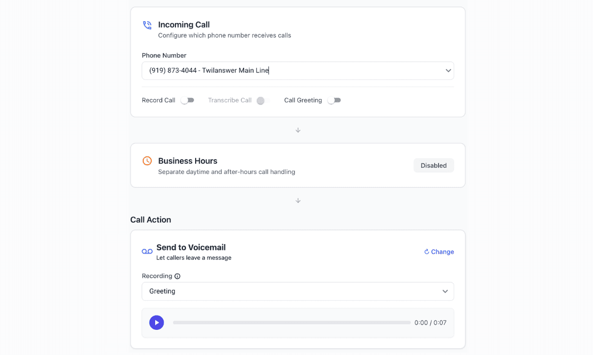 Twilanswer route editor with Send to Voicemail selected and a greeting recording ready to play