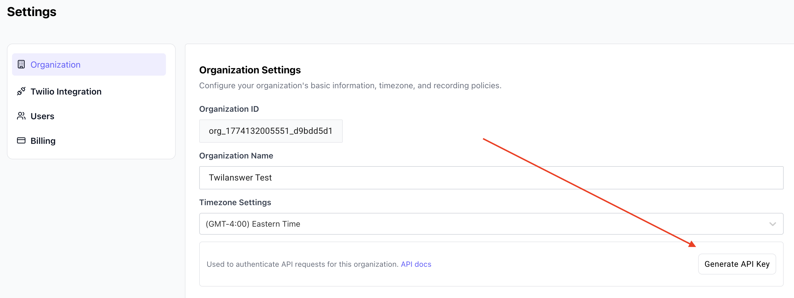 Generate API key in organization settings