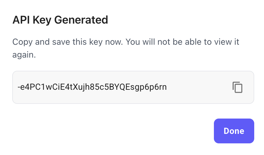 API key shown for one-time copy