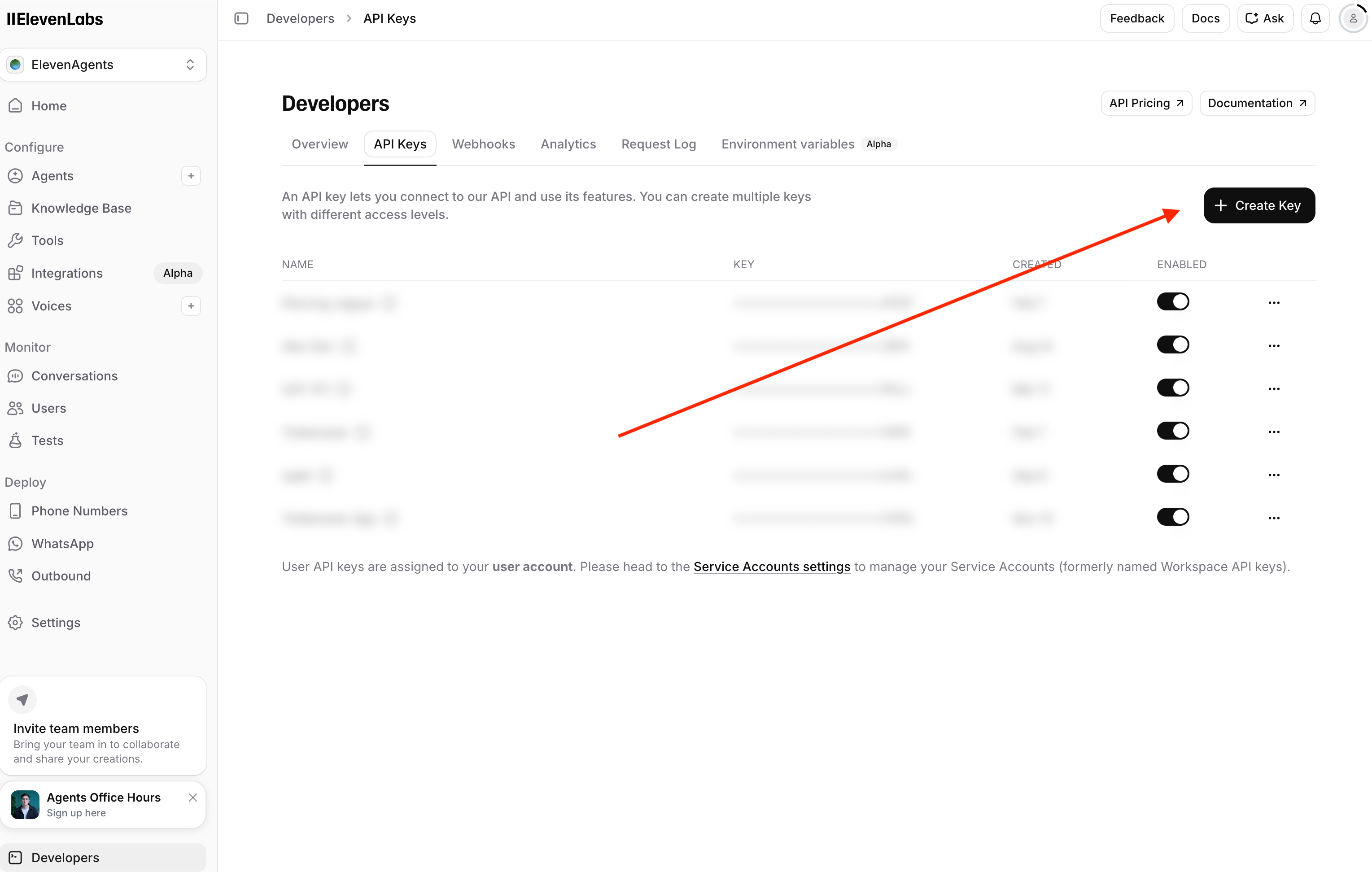 ElevenLabs Developers API Keys — Create Key