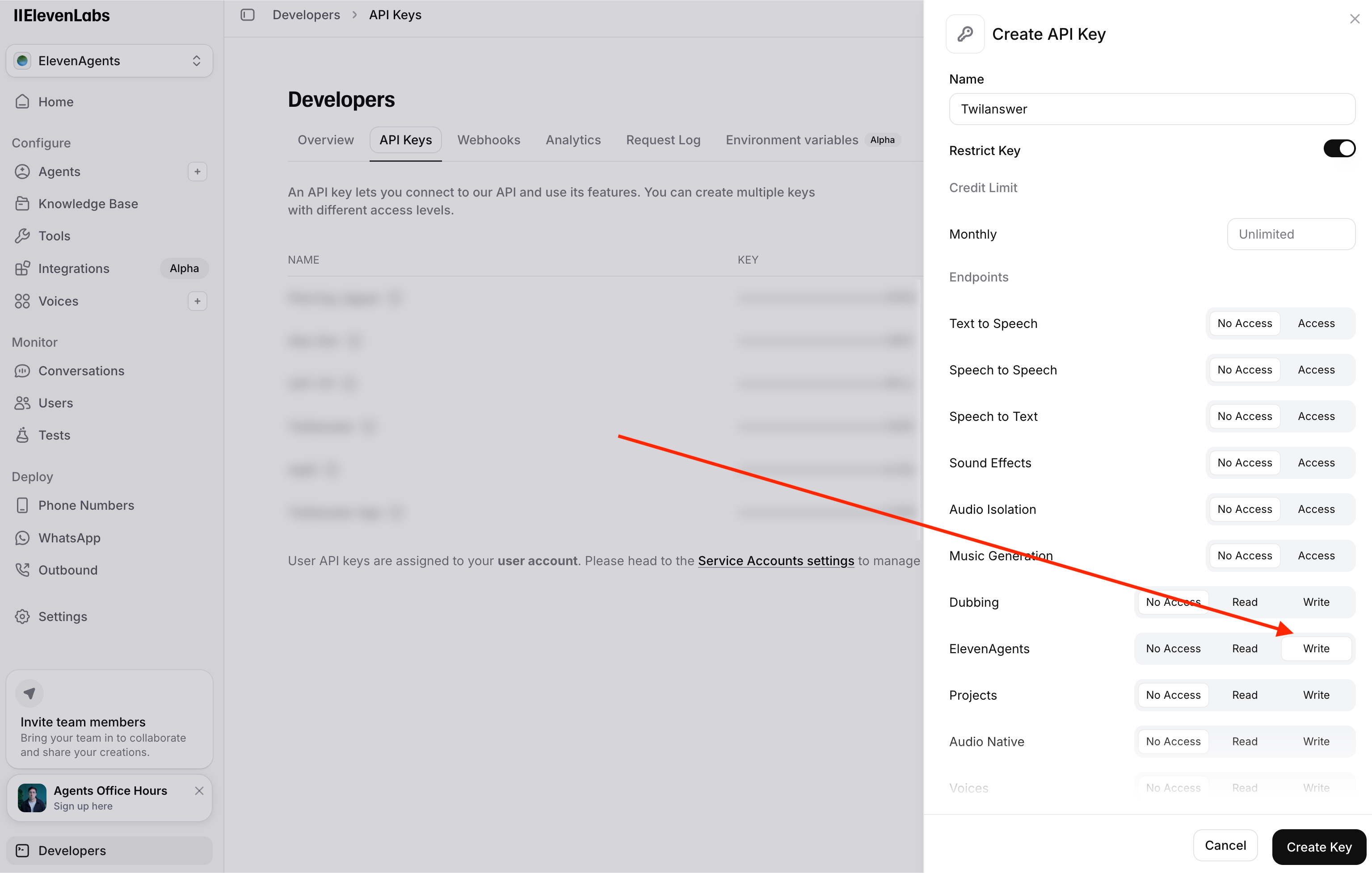 ElevenLabs API key — Agents Write permission