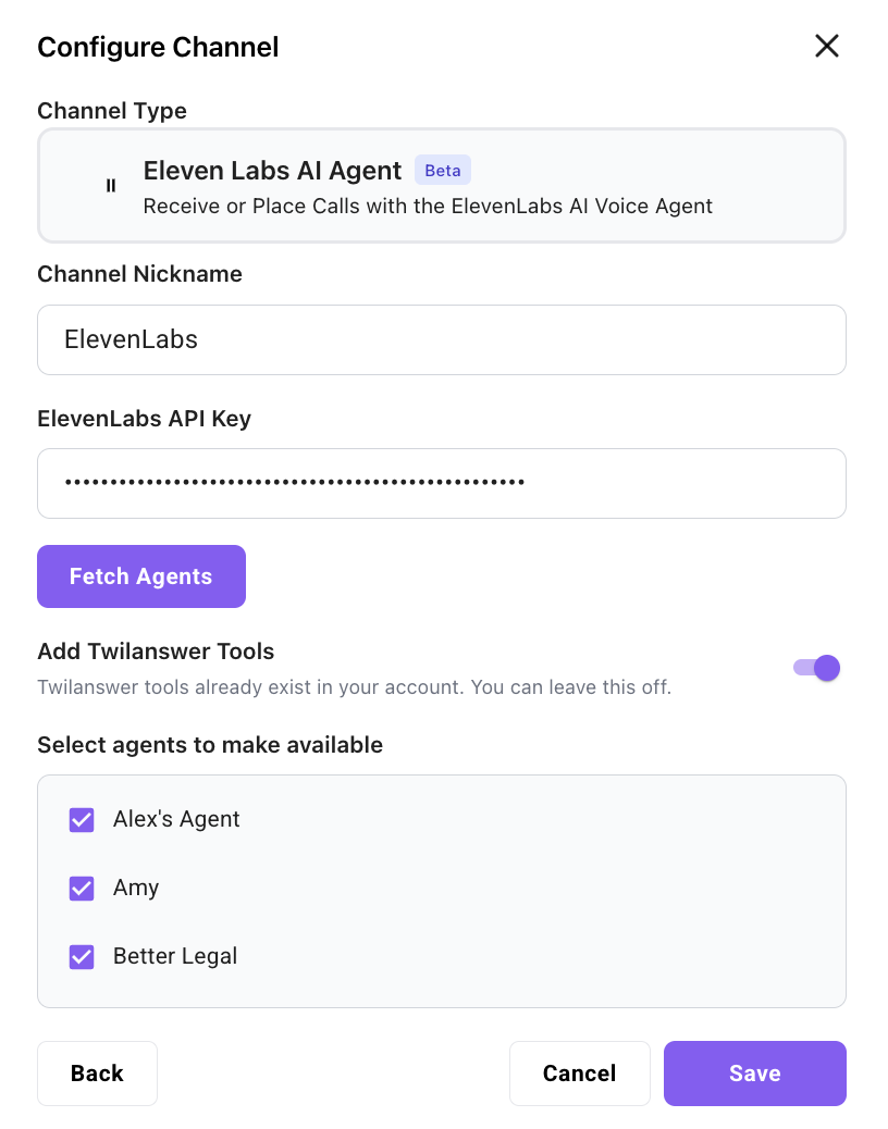 Fetch agents, Twilanswer tools, and agent selection