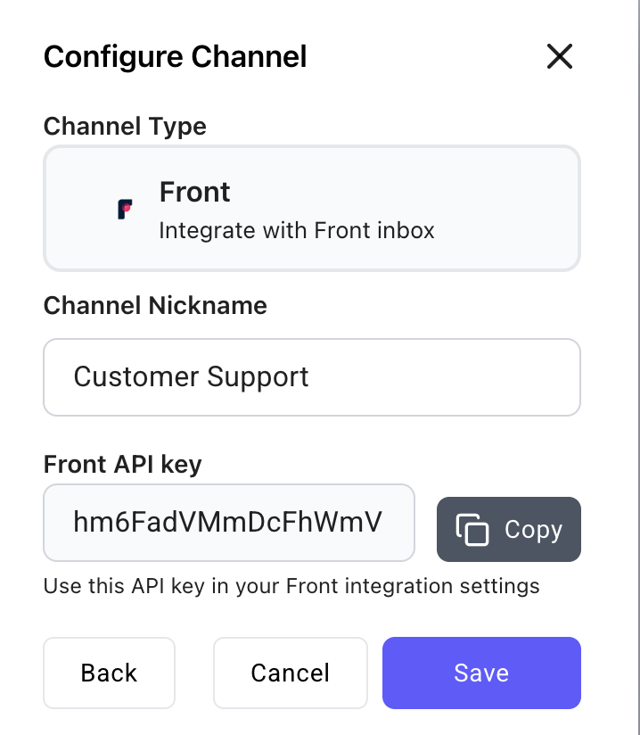 Enter Front integration details in Twilanswer