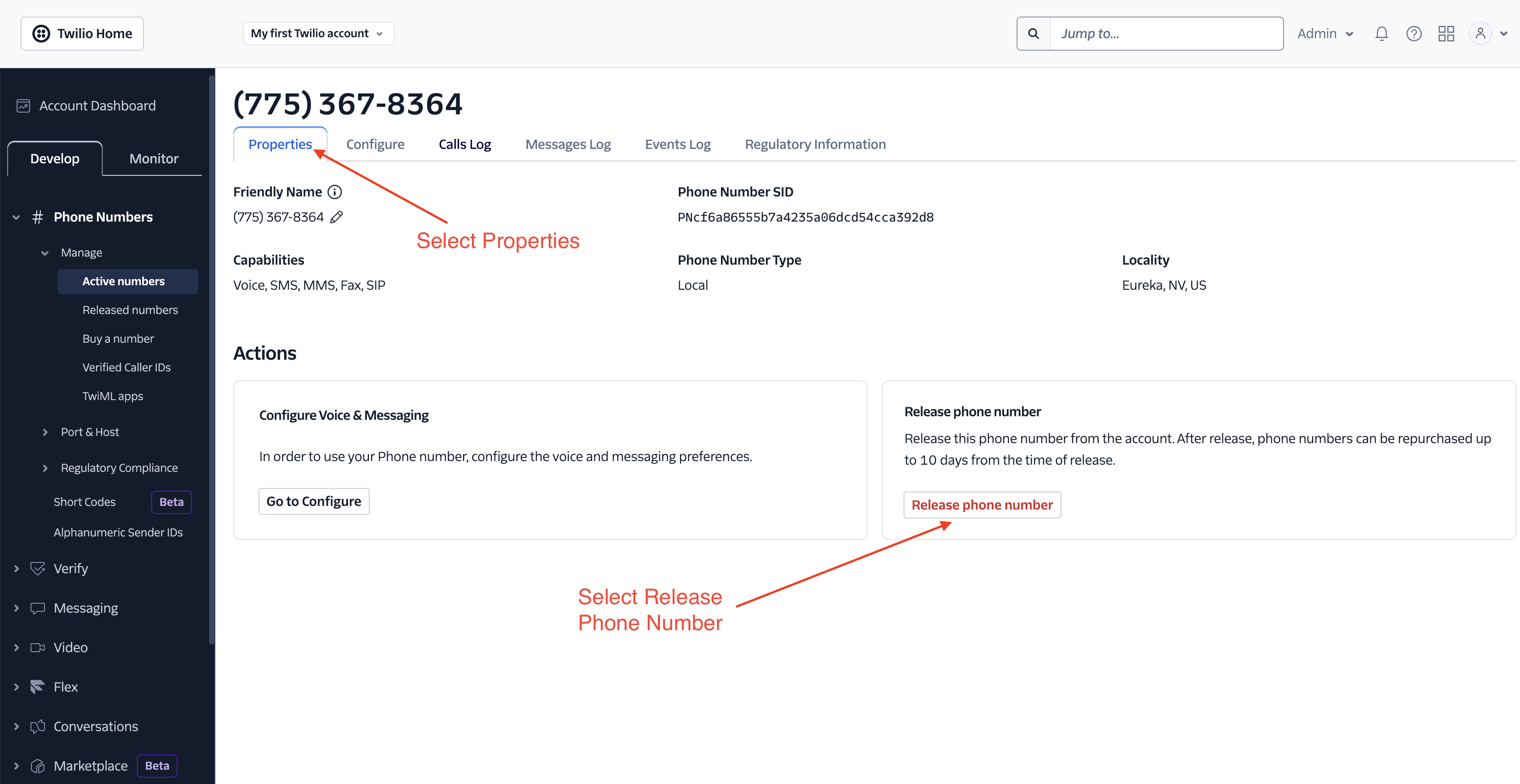 Twilio phone number properties