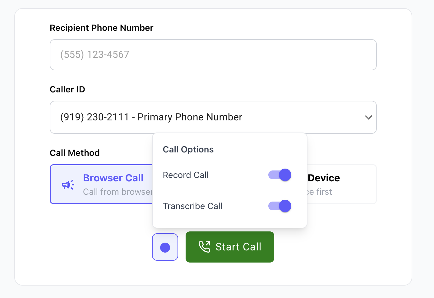 Recording and transcription options on the outbound dialer