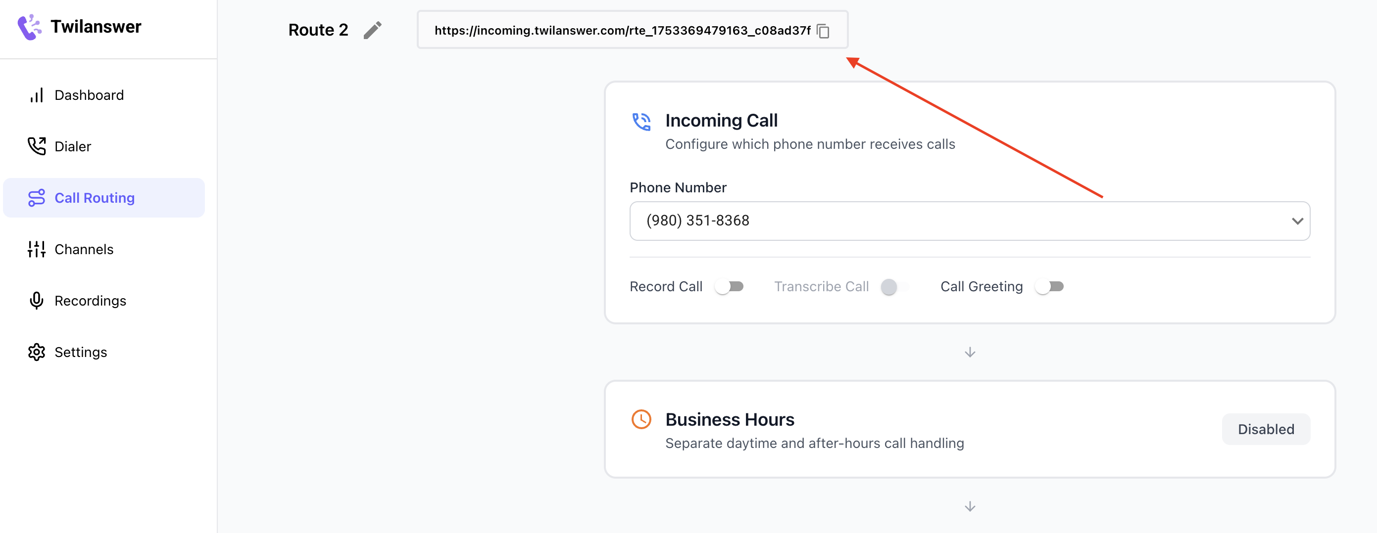 Copying the Route URL from Twilanswer