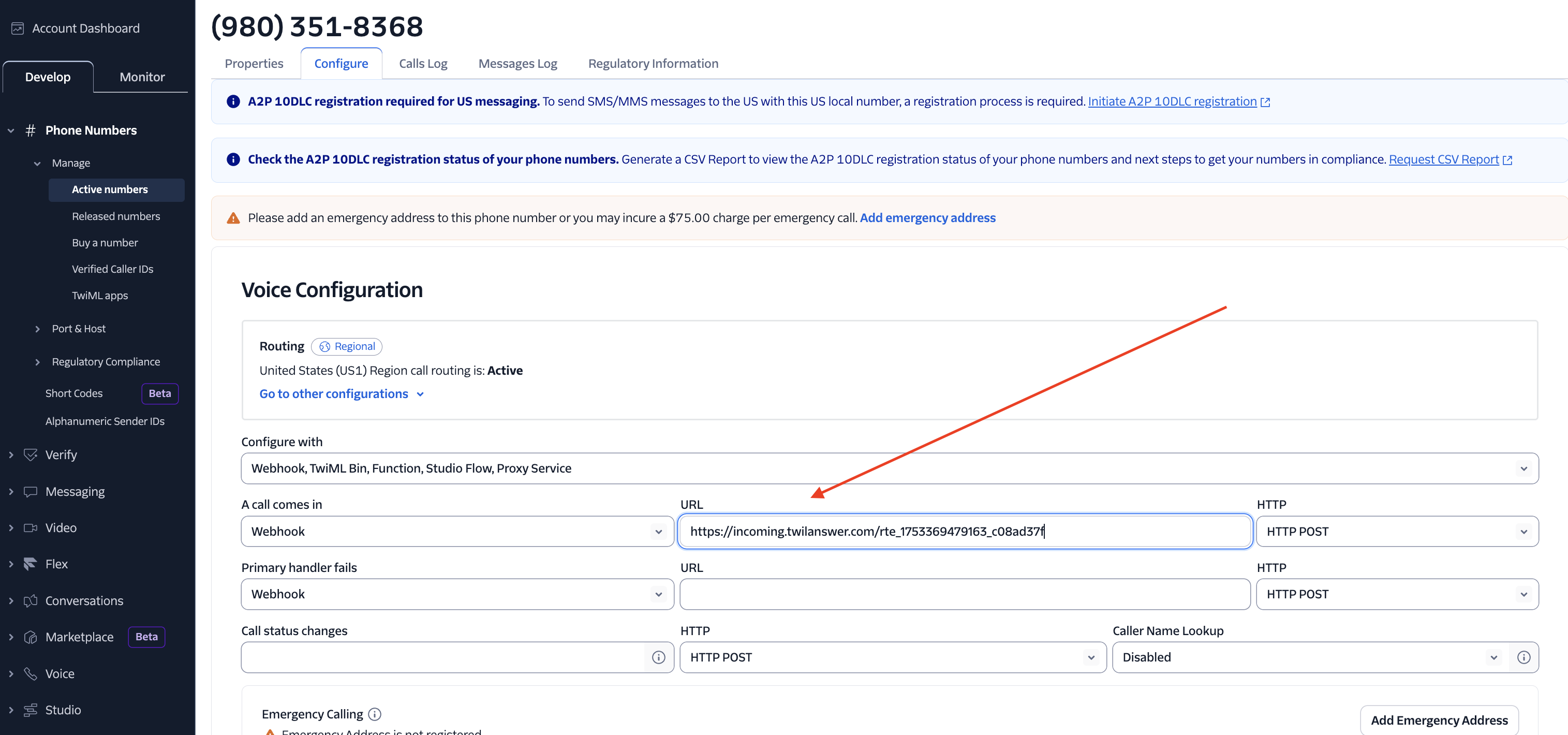 Updating the webhook URL in Twilio voice configuration