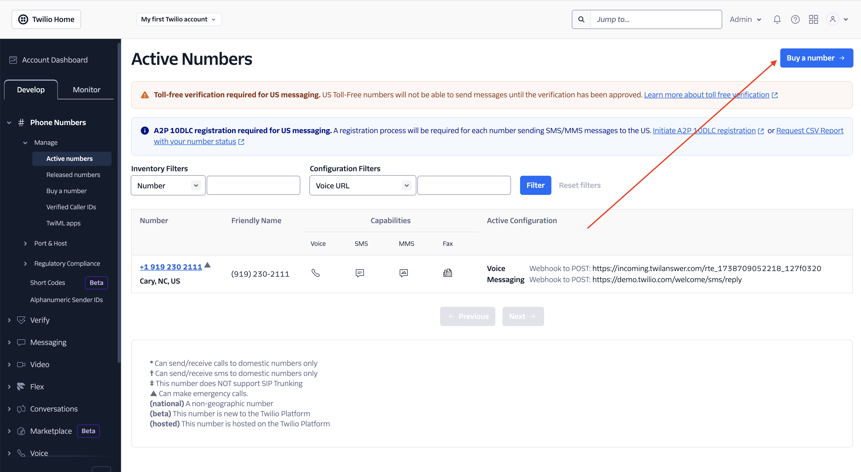 Twilio Console Buy a number