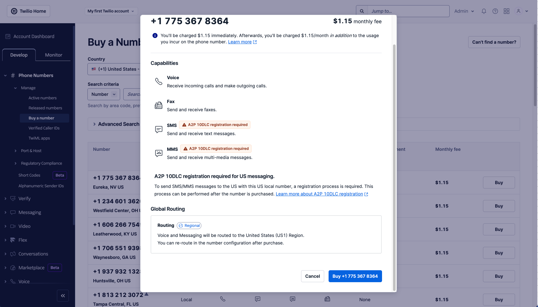 Twilio search results and Buy
