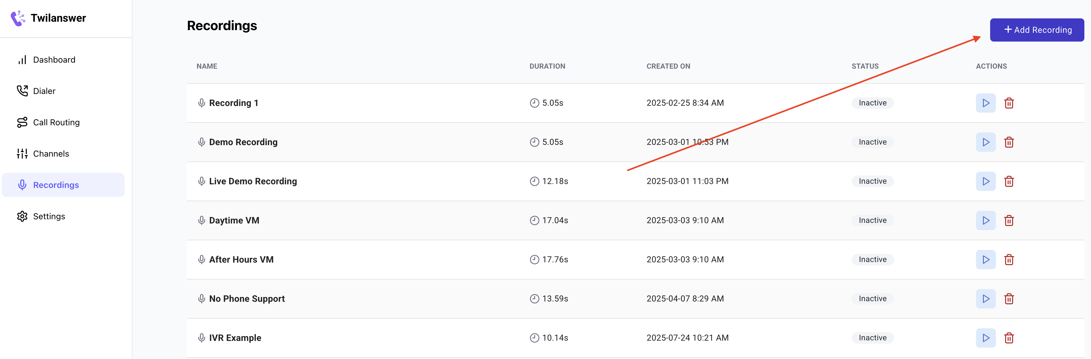 Add recording from the Recordings page