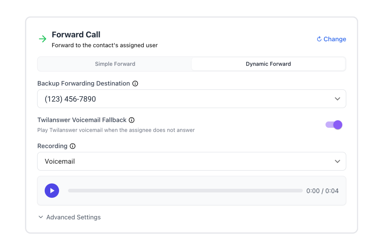 Dynamic Forward tab on the Forward Call card