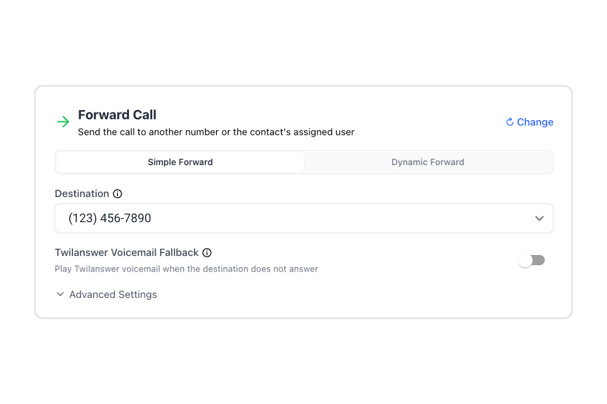 Forward Call on Simple Forward with Twilanswer Voicemail Fallback off