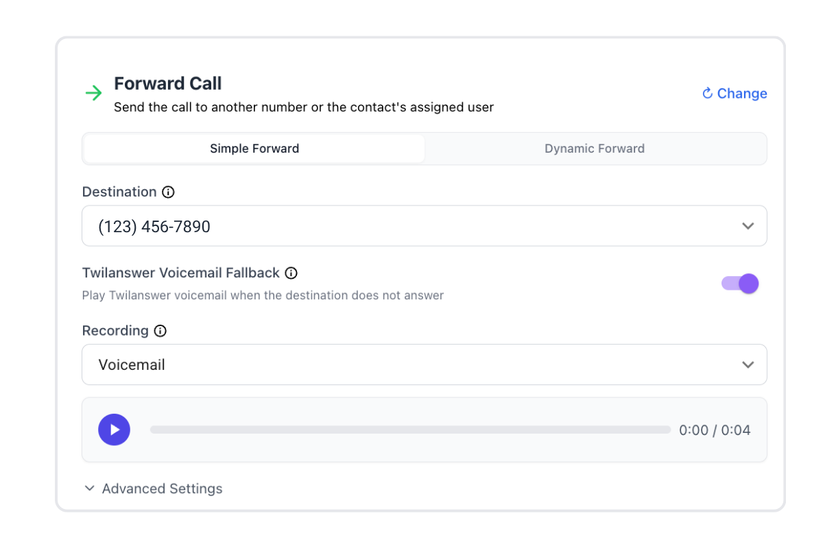 Forward Call on Simple Forward with Twilanswer Voicemail Fallback on and the Recording field