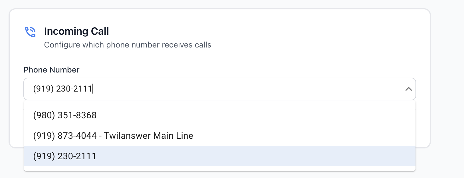 Selecting an incoming phone number for the route