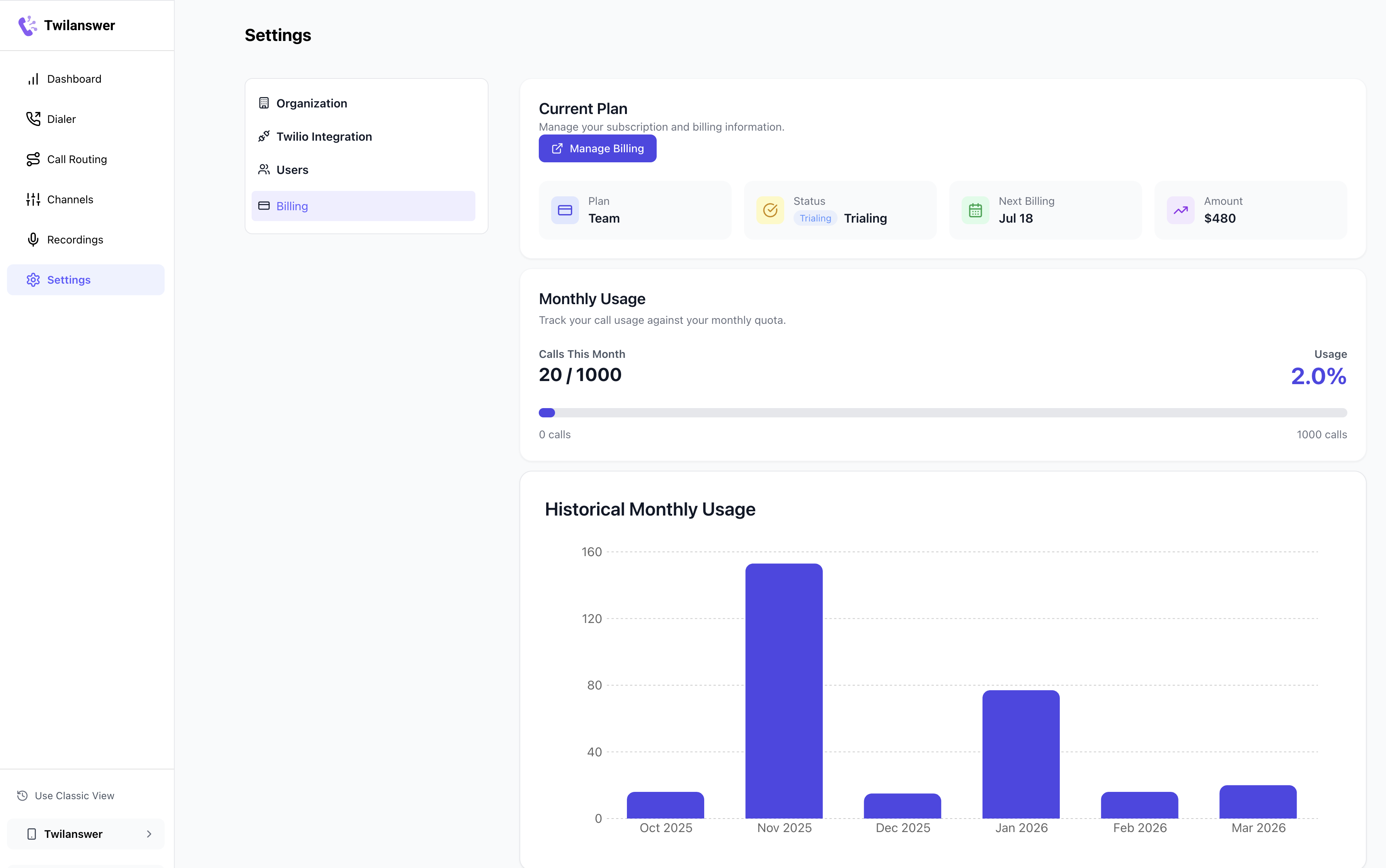 Billing page in Twilanswer Settings