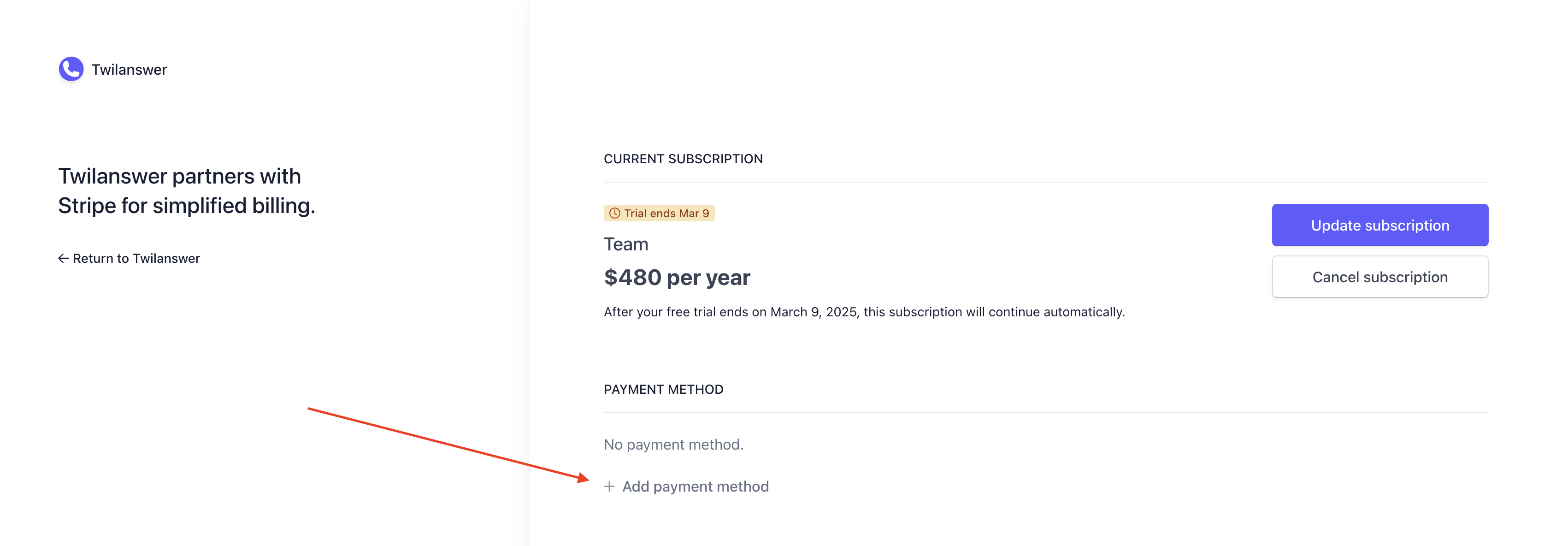 Adding a payment method in billing settings