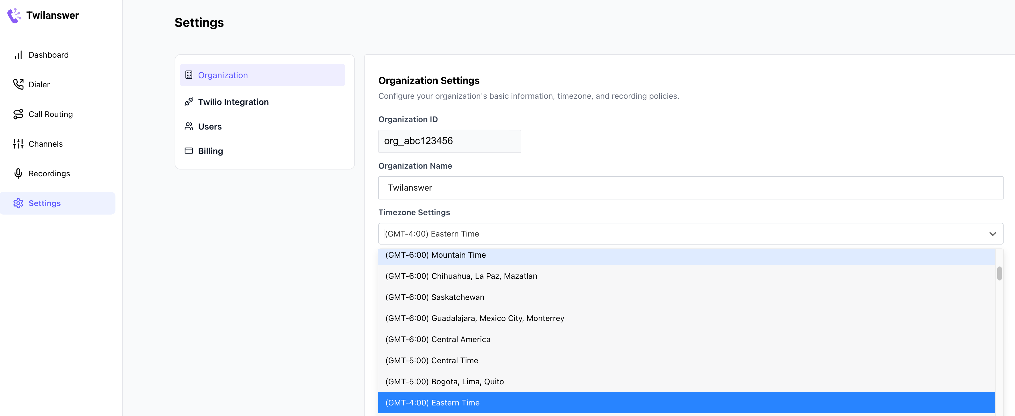 Organization timezone setting in Twilanswer