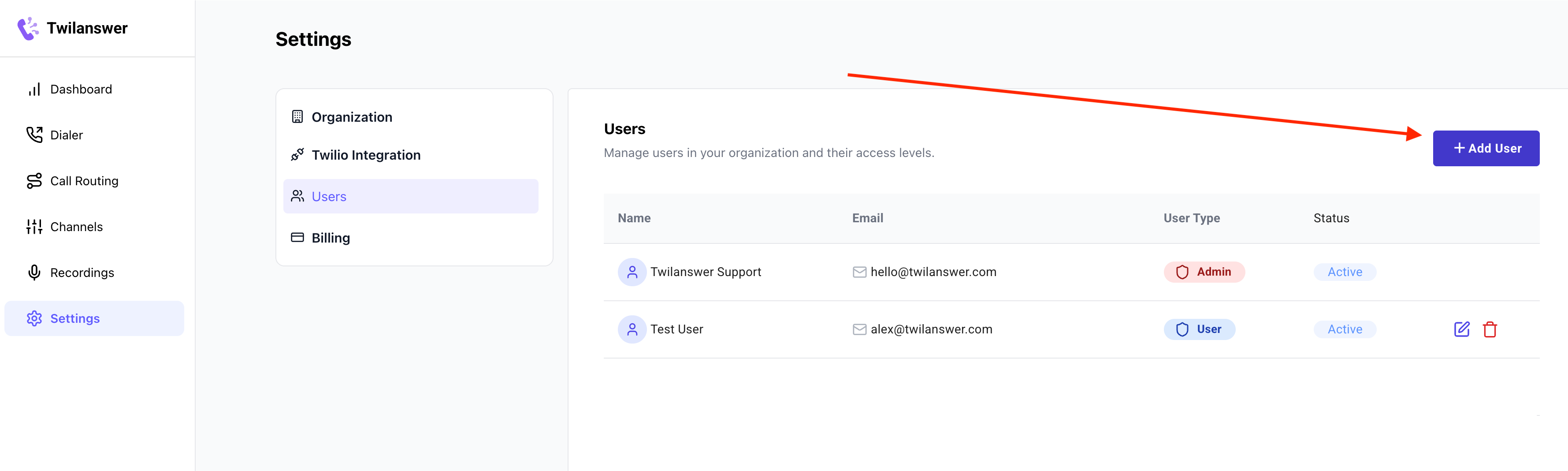 Add User button on the Users page